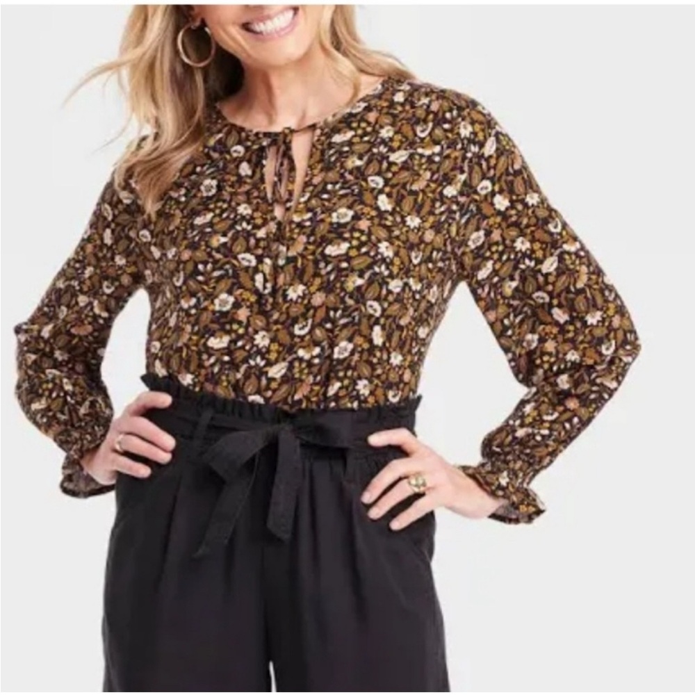 Knox Rose Women's Black Floral Long Sleeve Blouse